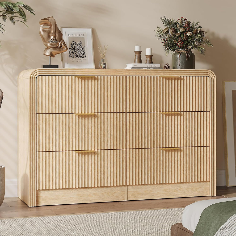 Decofy 47" W Fluted 6-Drawer Dresser for Bedroom, Natural Oak