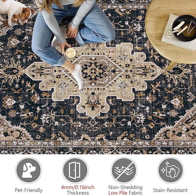 Area Rugs 5x7 Vintage Rug: Washable Living Room Rug Retro Medallion Distressed - Image 7