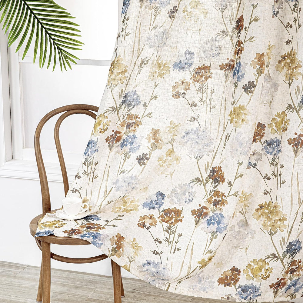 MYSKY HOME Floral Linen Curtains 84 inch Length 2 Panels Set Summer Flower Pa...