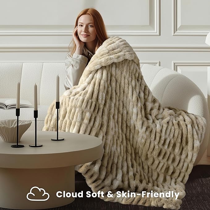 Ultra Soft Cozy Faux Fur Throw Blanket, Fuzzy Plush Thick Bubble Blanket - Image 4
