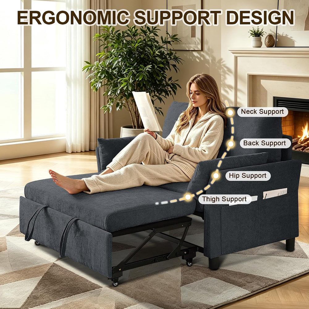 51" Sleeper Sofa Bed with Adjustable Backrest & Side Pockets, Dark Grey