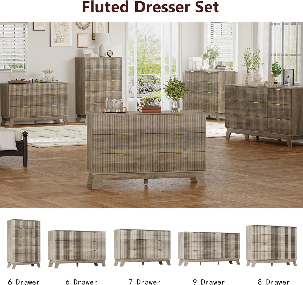 Grey Dresser for Bedroom with 6 Drawer, 46" Tall Fluted Wooden Dresser S...