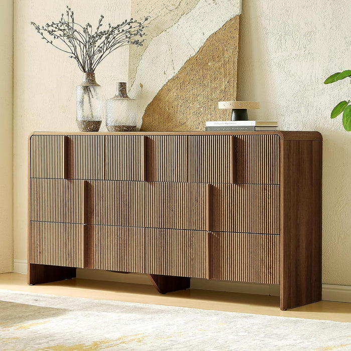 AMERLIFE Fluted 7 Drawer Dresser 63" Long with Pine Handles, Dark Walnut