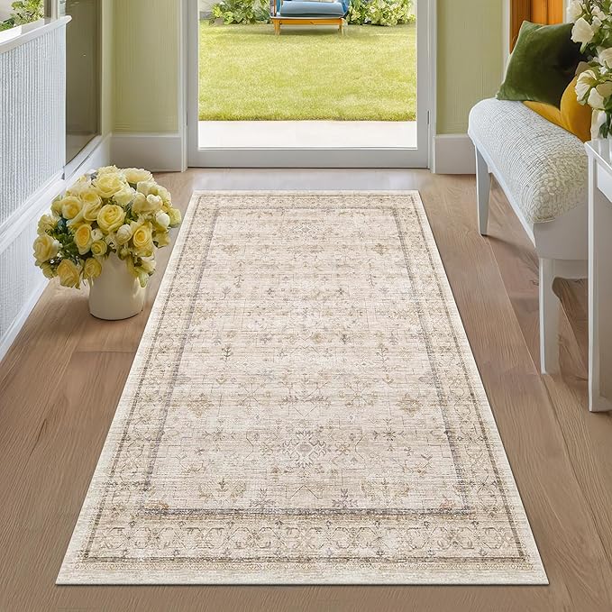 Washable Cream Farmhouse Bathroom Rug, 3x5 Non Slip Area Rugs by HazoHaus