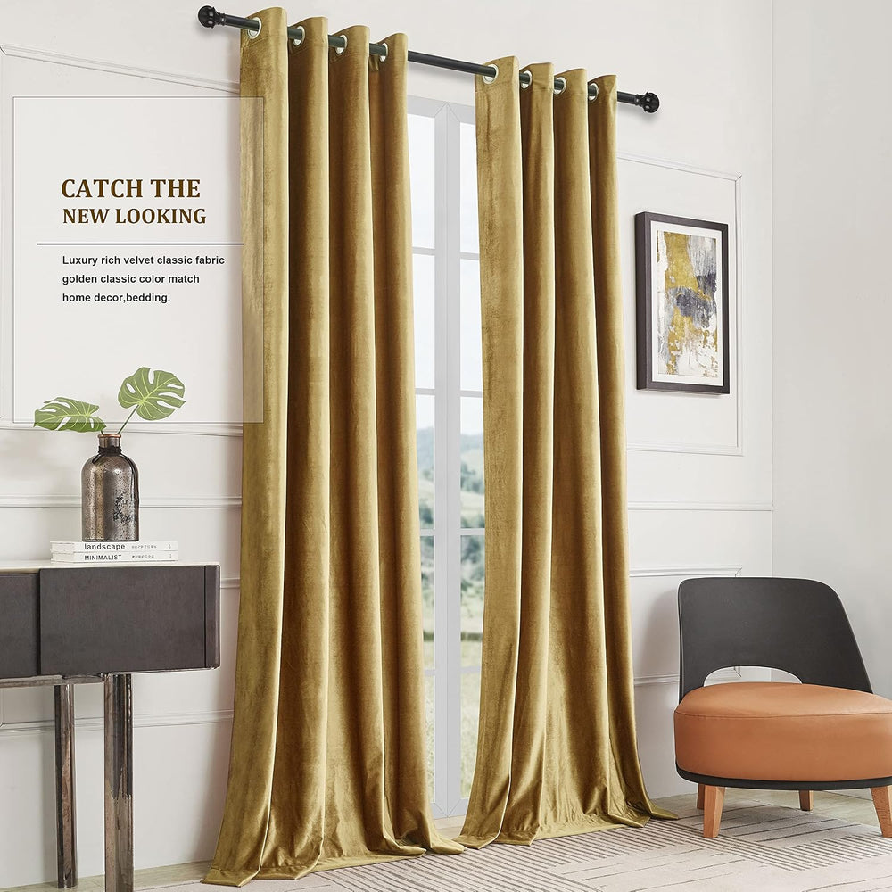 BULBUL Velvet Gold Grommet Blackout Curtains 84 inch Length for Living Room