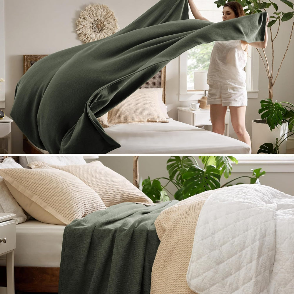 Bedsure 100% Cotton Blanket, Herringbone Weave, Queen Size, Olive Green