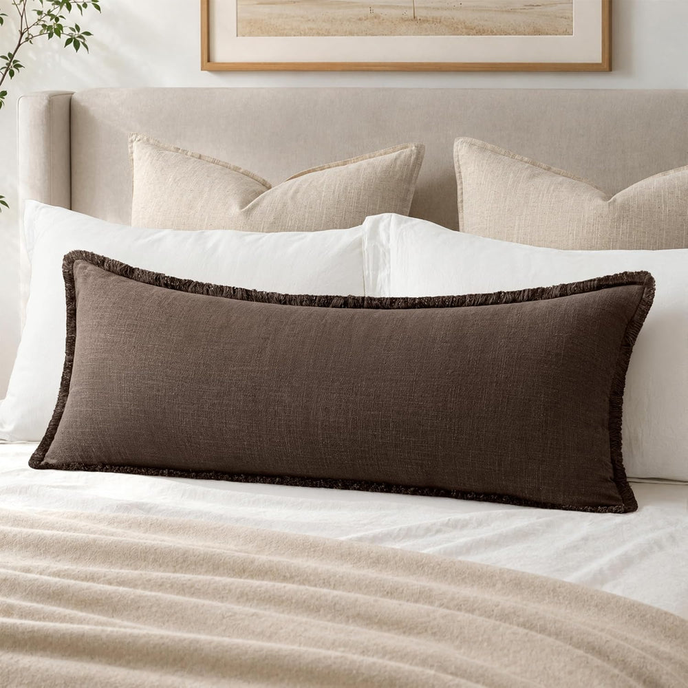 MIULEE 14x36 Long Linen Fringe Lumbar Pillow Covers Set of 1 Reddish Brown