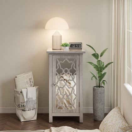 COZAYH Modern Farmhouse Nightstand with Mirror Front and 2 Shelves, Retro Tall End Table for Bedroom, Living Room, Lounge, Bathroom, Office, Light Gray