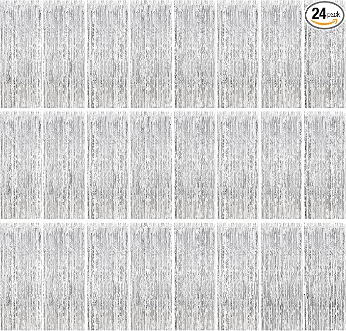 24 Pack Silver Metallic Foil Fringe Curtains, 3.2ft x 8.2ft Foil Fringe Curta...