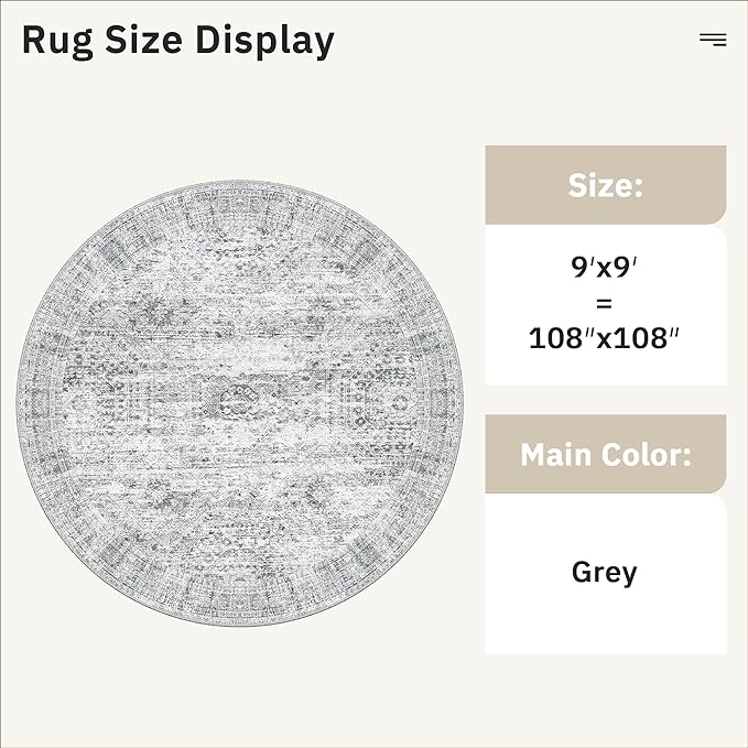 Soalmost 9x9 Grey Round Rug 9ft Living Room Circle Rug Vintage Round Area Rug - Image 3