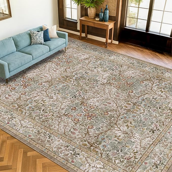 Hazo Haus Vintage Moss Green Living Room Rug, 7x10 Washable Large Area Rugs by HazoHaus