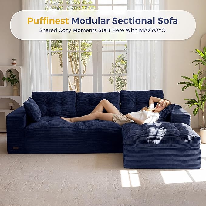 MAXYOYO 104" L Shaped Modular Sectional Sofa with Ottoman, Tufted Bonele...