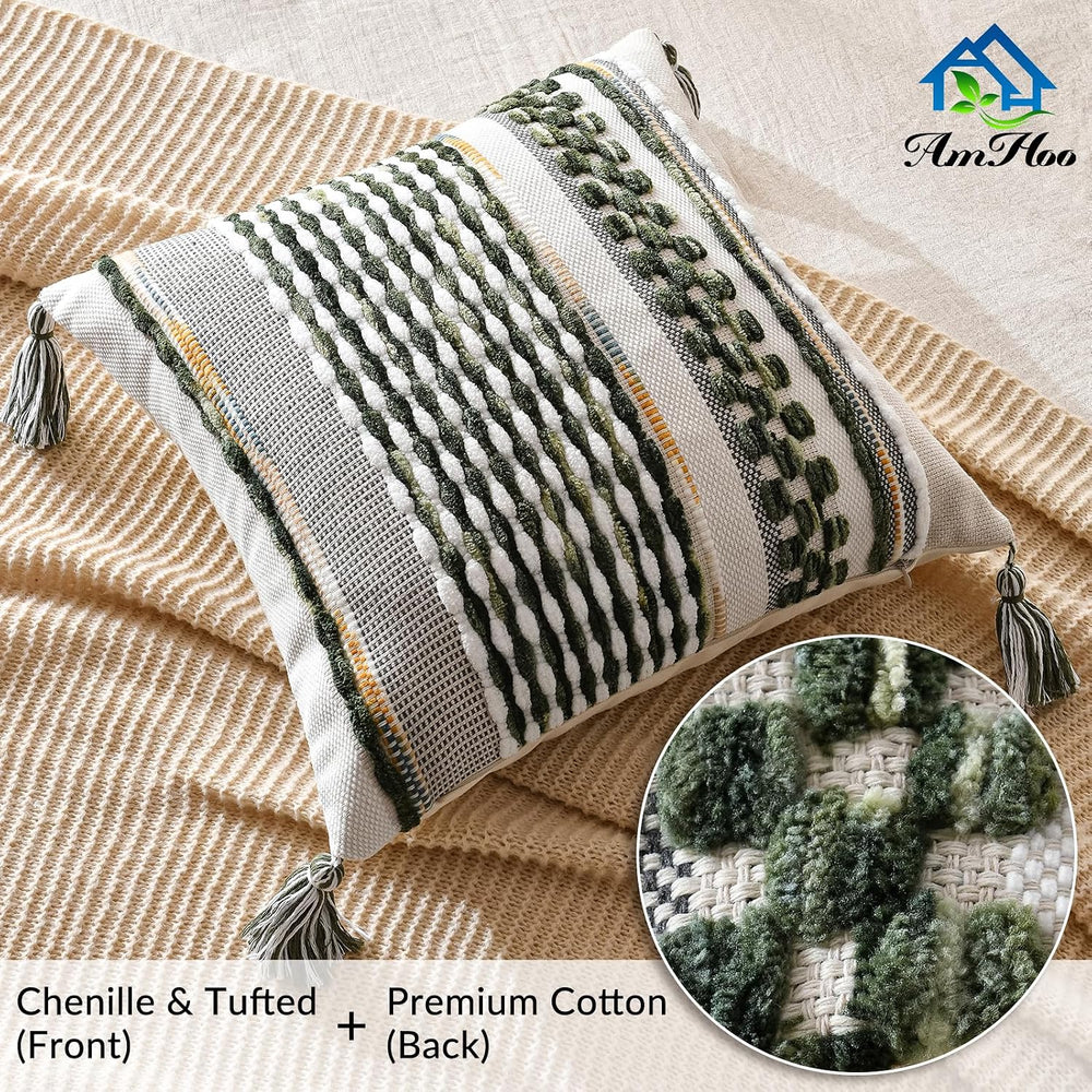 AmHoo Set of 2 Chenille Striped Textured Boho Throw Pillow Covers Aesthetic w...