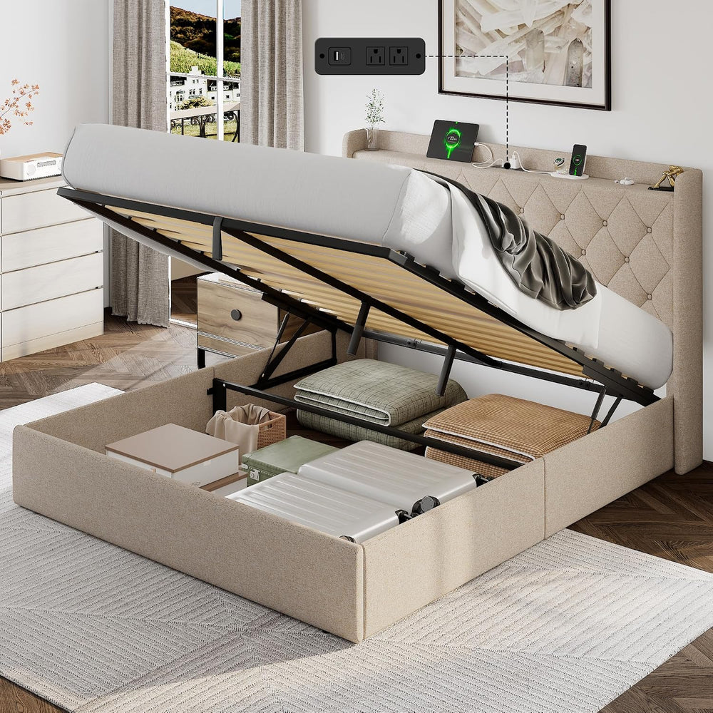 Einhomn Full Lift Up Storage Bed Frame with Charging Station, Upholstered Bed...