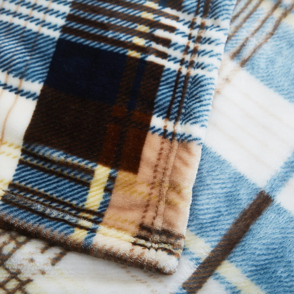 Tache Winter Cabin Blue Tan Farmhouse Super Soft Micro Fleece Tartan Plaid Pl...