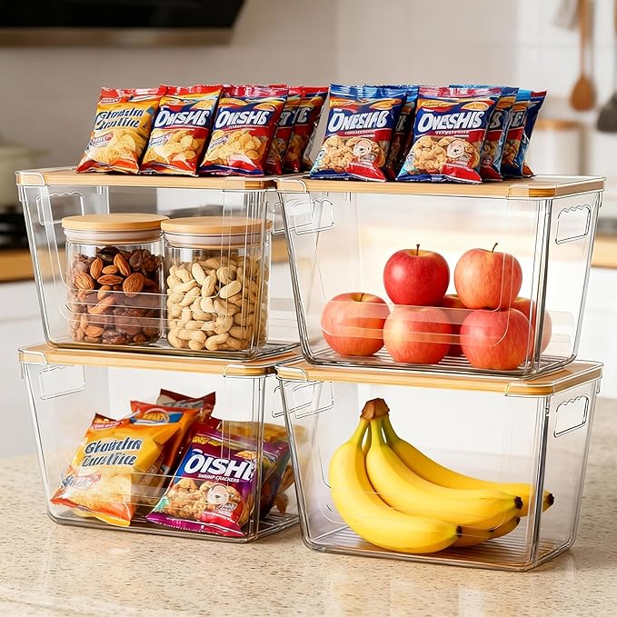 4 Pack Clear Storage Bins with Bamboo Lid, Garbage Bag Dispenser, Pantry