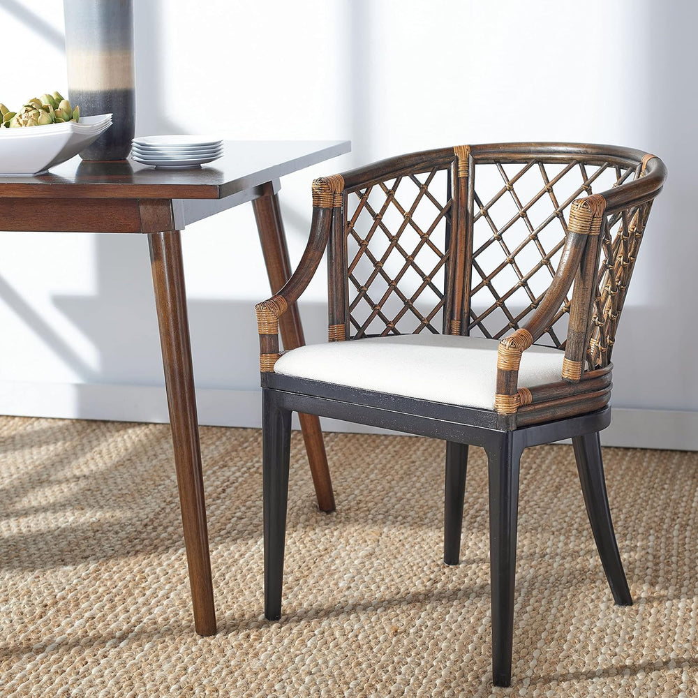 SAFAVIEH Carlotta Rattan Arm Chair 19.3”, Solid Wood Brown & Black SEA4013C