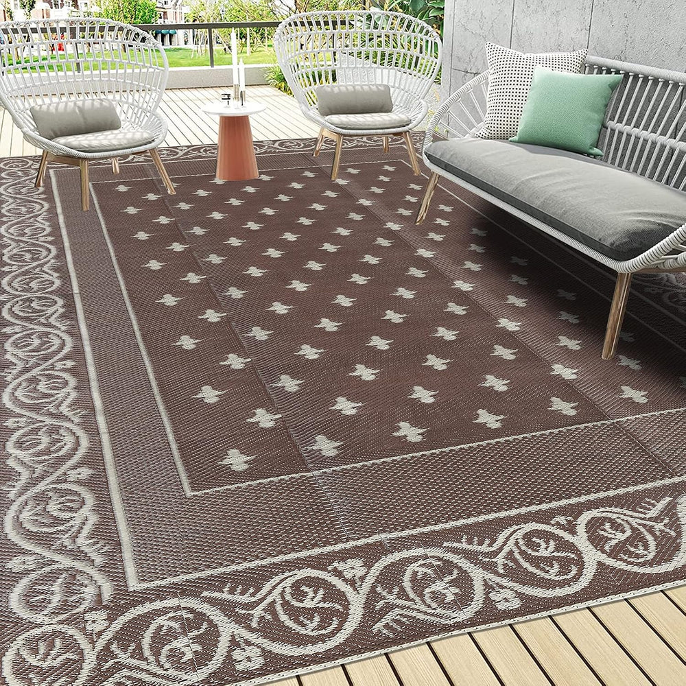 Pauwer Waterproof Outdoor Rug 9x12, Plastic Patio Rug, Bordered Brown