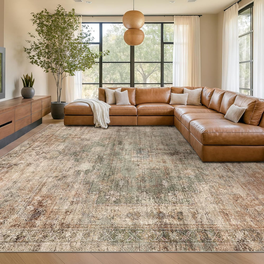 Farmhouse Floor Rugs for Living Room - Brown and Green Dining Room Area Rugs ...