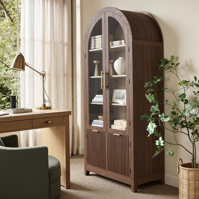 Win2Win 69" Tall Arched Cabinet with Glass Doors, 5-Tier Shelves, Walnut