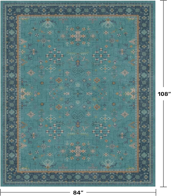 Boho Teal 7x9 Soft Rugs for Living Room, Washable Turquoise Rug for Bedroom - Image 2