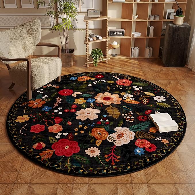 Rugcomf Round Rug 4ft Washable Circle Rug Non Slip Low Pile Boho Floral Small by Rugcomf