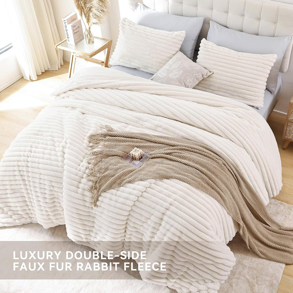 Fluffy Queen Size Comforter 3 PCS - Cream White Fleece Bedding Set