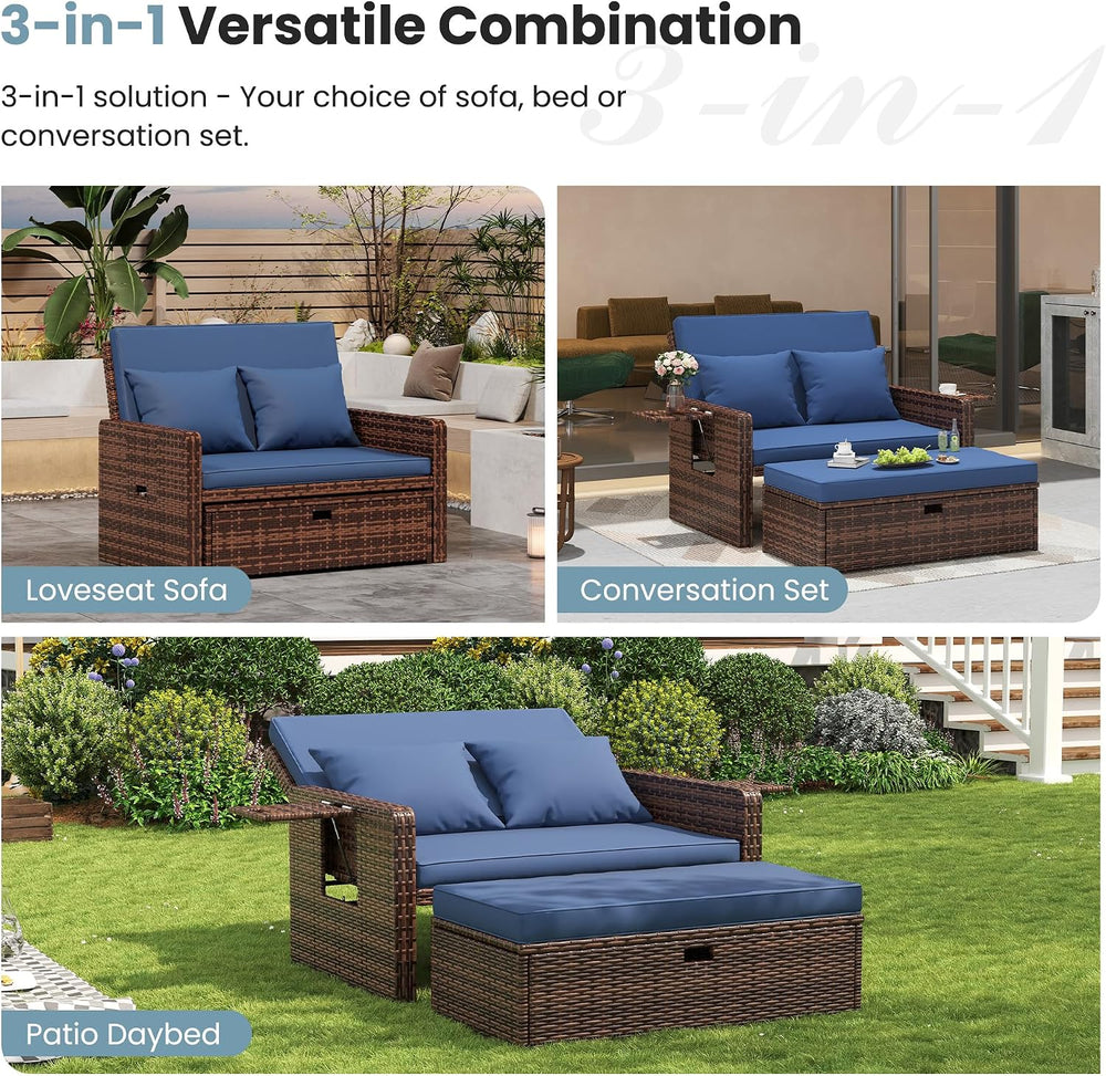 Amopatio Wicker Outdoor Daybed, Patio Daybed with Ottoman,Blue