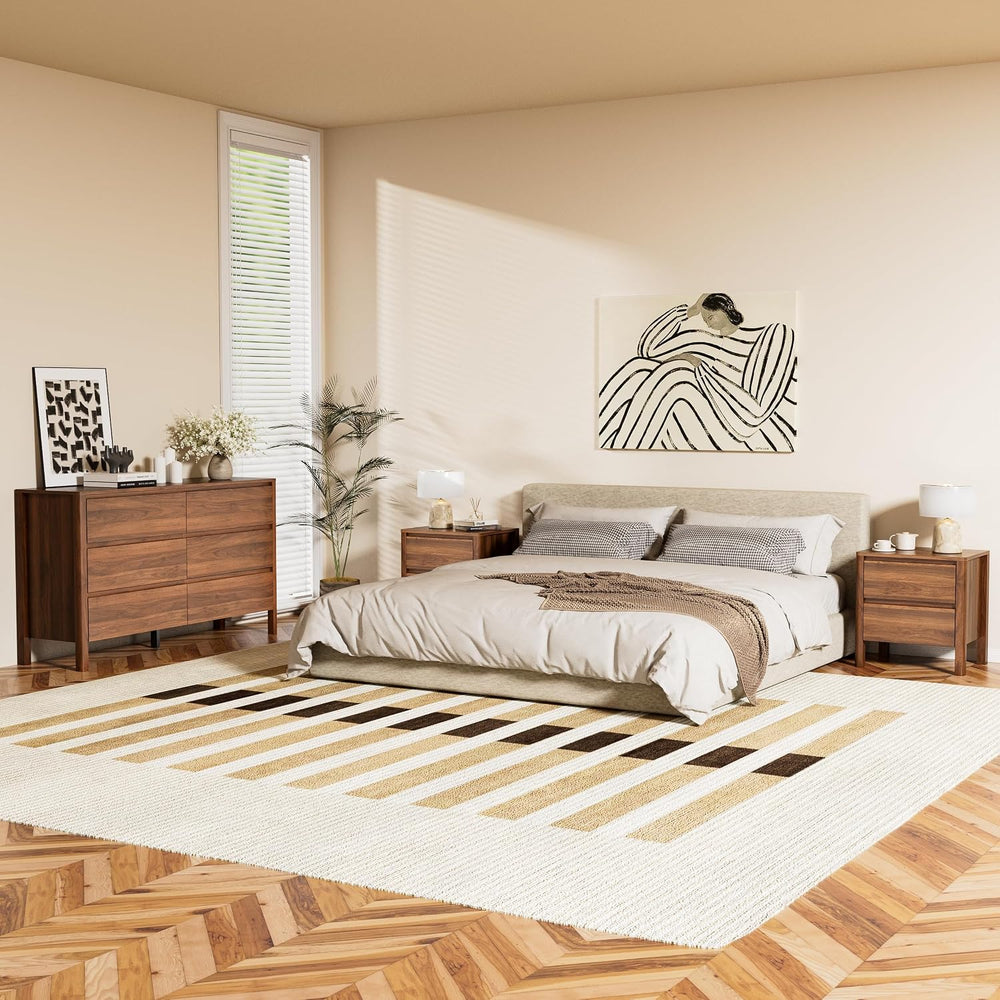 Furniway Walnut Mid-Century Modern Dresser and Nightstand Sets 3 Piece