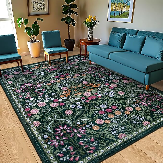 10x14 Area Rugs for Living Room: Floral Washable Rug Vintage Large Soft Boho - Image 2
