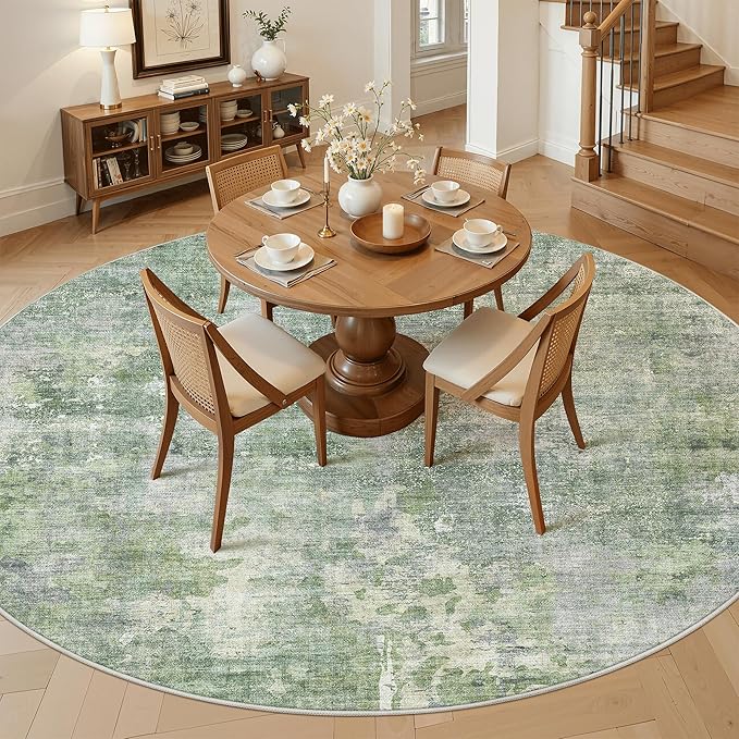 8x8 Green/Ivory Round Rug 8ft Living Room Circle Rug Vintage Round Area Rug Non - Image 2