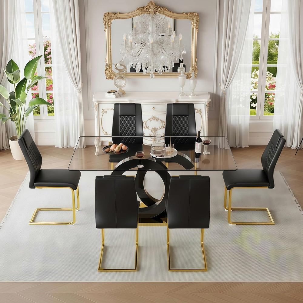 Glass Dining Table Set for 6,Modern Black Gold Dining Table Set,63" | Te...