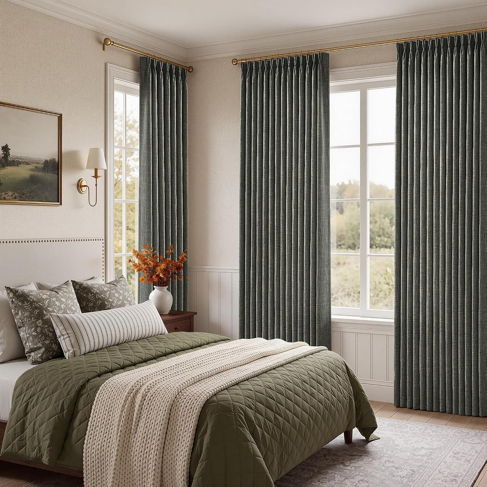 Pinch Pleated Linen Curtains 96 Inches Extra Long Olive Green Drapes, Thick L...