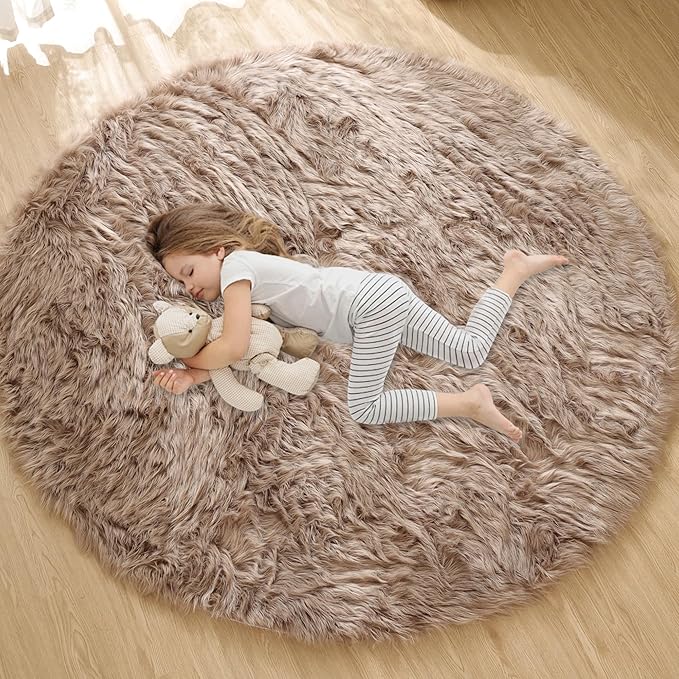 ORINOVA Beige 3ft Round Fluffy Shaggy Rug Washable Soft Area Rug - Image 5
