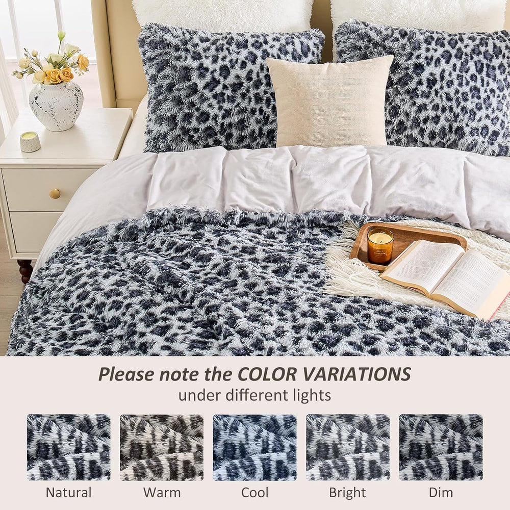 EMME Faux Fur Comforter Sets King Size Grey Leopard Soft Fluffy Bedding