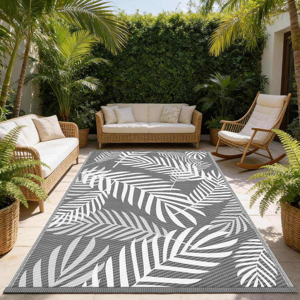 Kohree Outdoor Rug, Leaf, 8x10, Grey & White