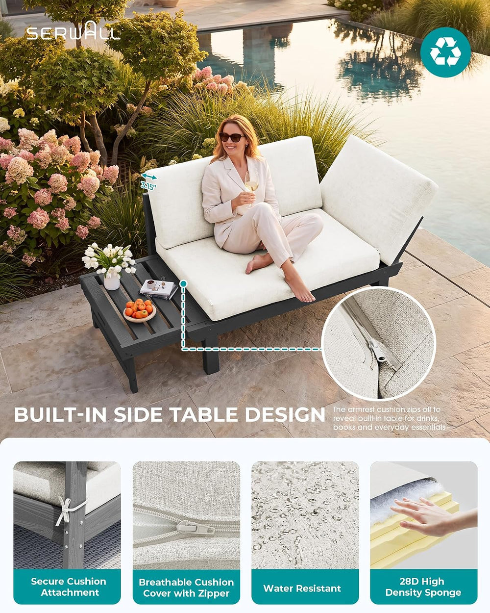 SERWALL HDPE 4-in-1 Convertible Outdoor Sofa with Adjustable Armrests, Couch ...