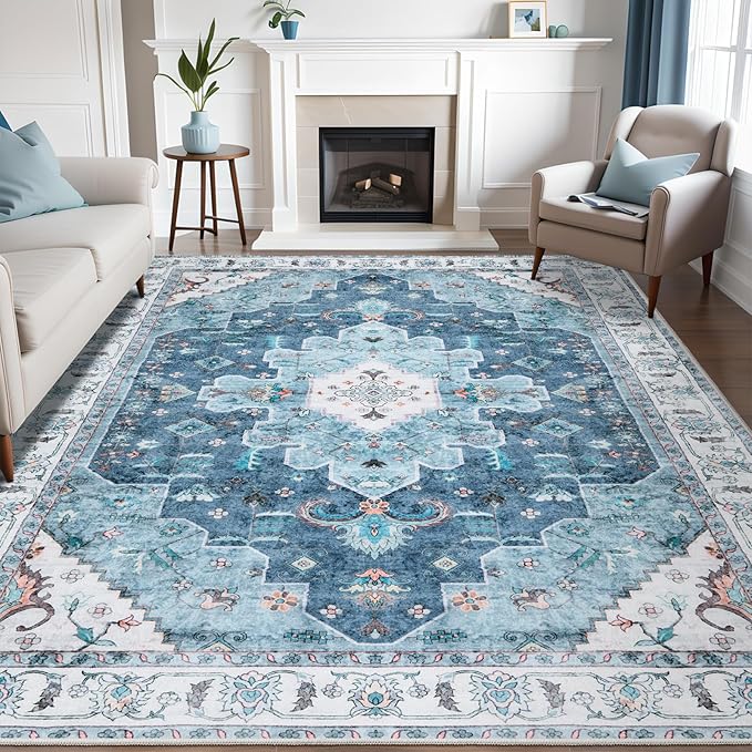 SERISSA Boho 8x10 Area Rugs Blue, Washable Vintage Large Living Room Rug by SERISSAHomeDecorCollection