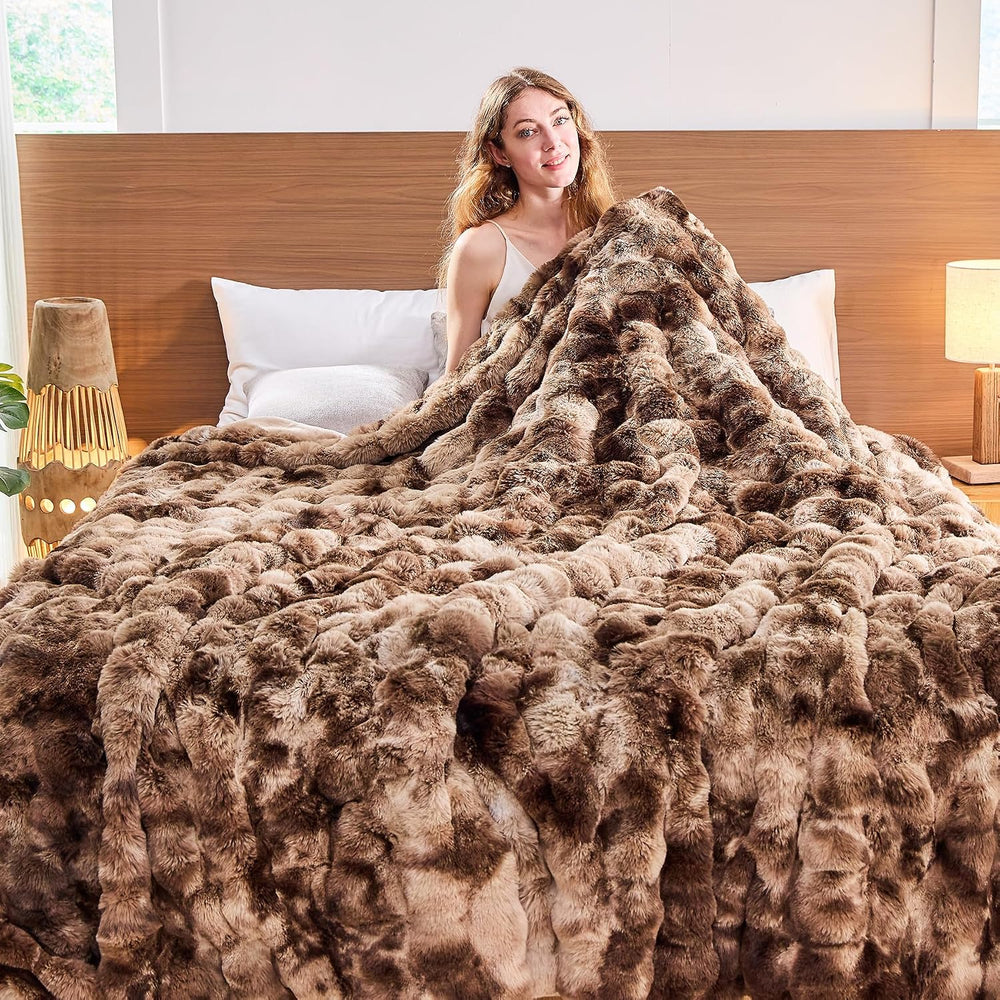 Lotus Karen Faux Fur Throw Blanket Tie-Dye Dark Coffee-Big Bubble Rabbit Fluf...