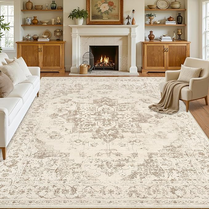 8x10 Area Rugs for Living Room: Vintage Boho Neutral Washable Rug Indoor Soft by Luxturiy