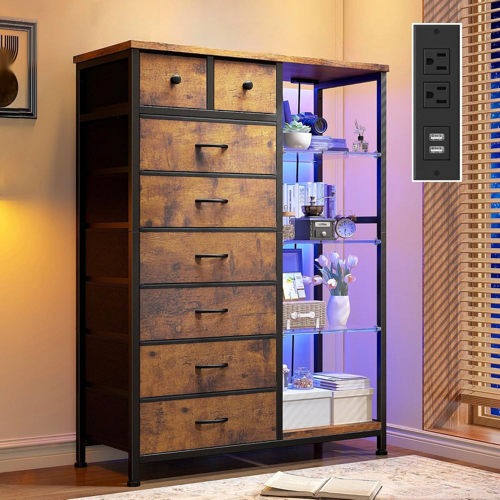 EnHomee Dresser with LED Lights & Power Outlets, 8 Drawers, 54" H, B...
