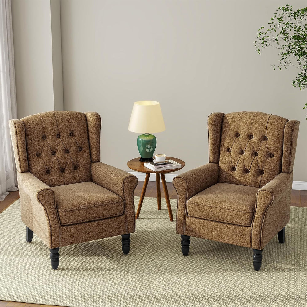 Chenille Wingback Accent Chair, Tufted High Back Armchair, Light Brown
