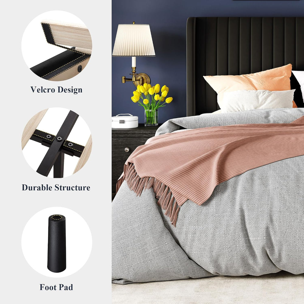 Allewie Full Size Velvet Bed Frame/Vertical Channel Tufted Wingback Headboard...