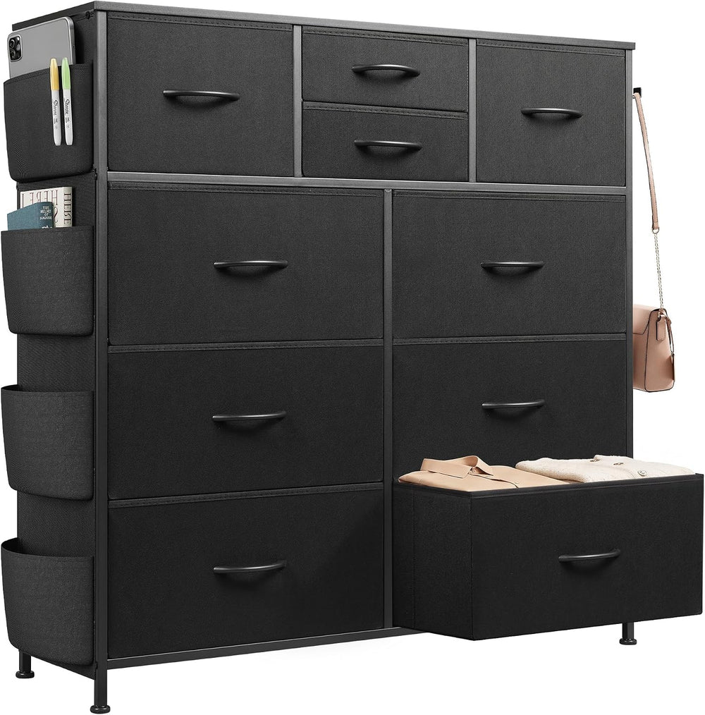 WLIVE 10 Drawer Black Fabric Dresser for Bedroom, Side Pocket & Hooks Chest