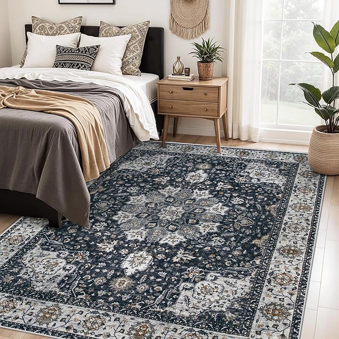 Area Rug 5x7 Washable Rug, Vintage Boho Medallion Rugs Non-Slip Soft Low Pile - Image 2