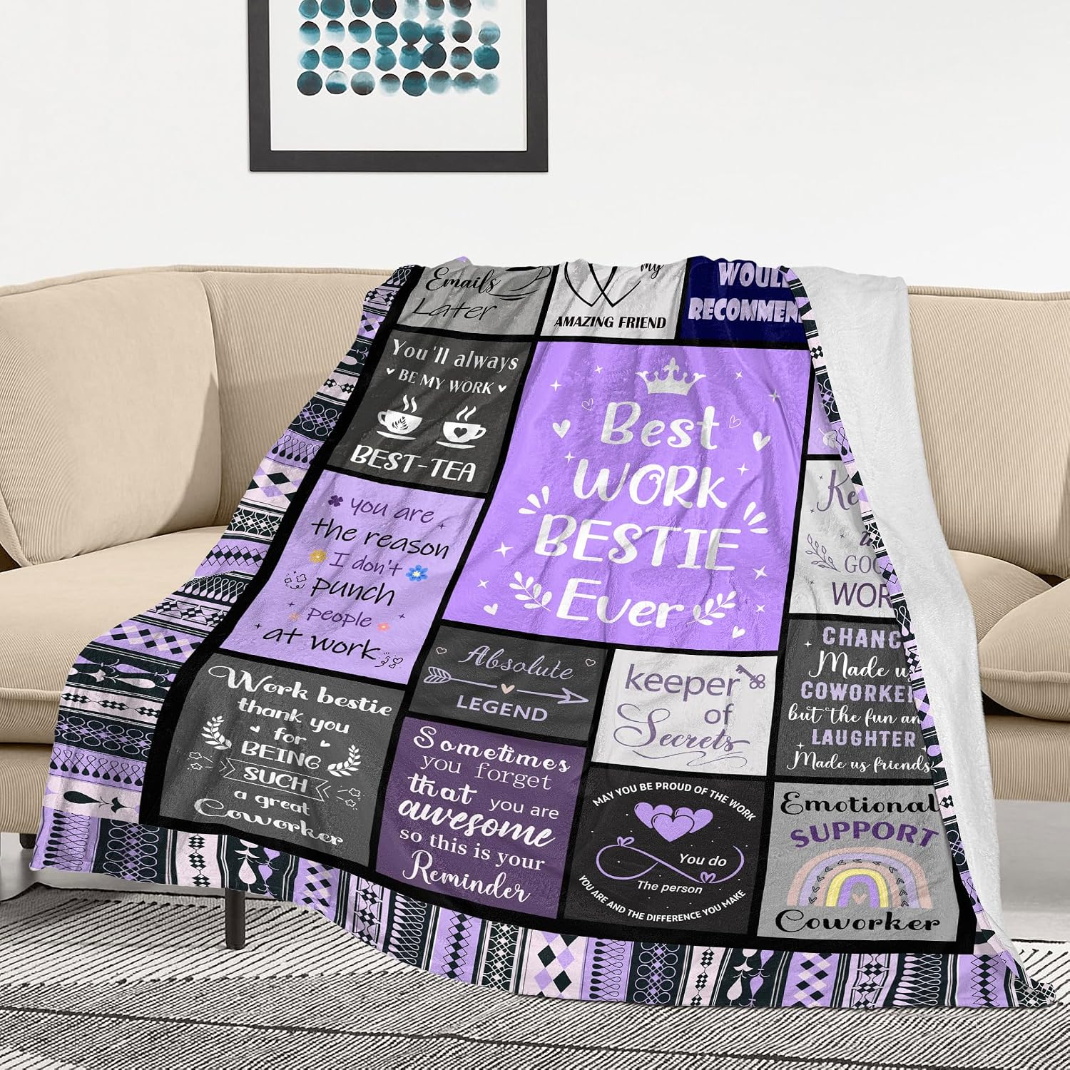 Work Besties Gifts for Women, Thank You/Appreciation Gifts for Coworkers Female, Work Friendship Birthday Gifts, Farewell Present Ideas for Colleague, Funny Work Bestie Purple Blanket 60”x50”