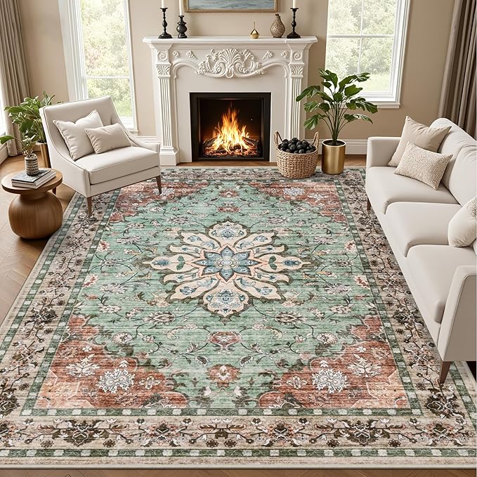 8x10 Area Rugs for Living Room: Washable Rug Soft Vintage Distressed Floral by EXPEDIX