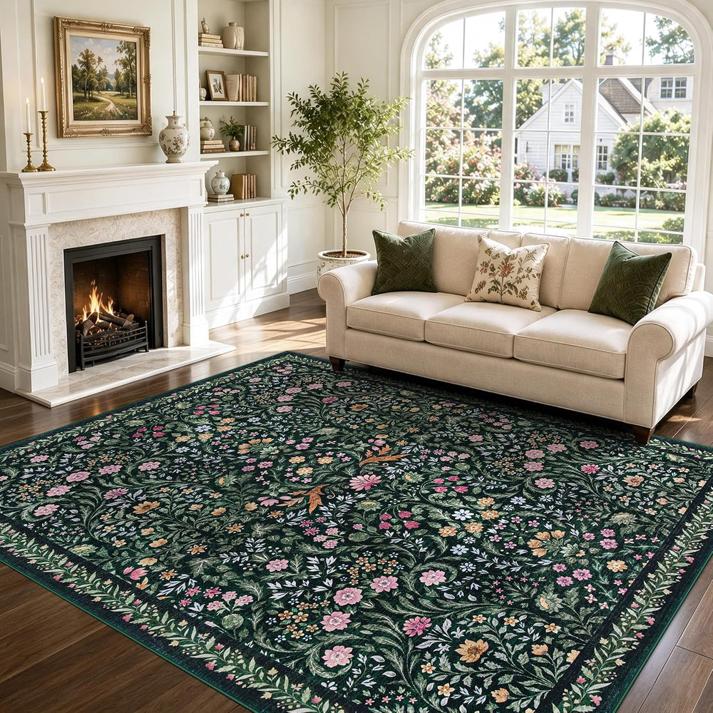 Tosuoka 6x9 Area Rugs Washable Floral Rug Boho Dark Green Carpet Farmhouse