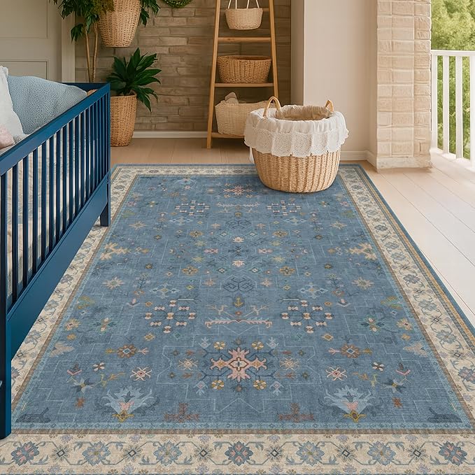 Washable 5x7 Blue Rugs for Kids Room, Boho 5 x 7 Nursery Rug Boys, Colorful - Image 3