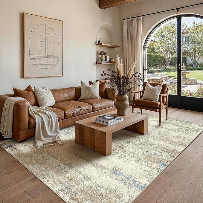 PureCozy 5x7 Area Rug Washable Beige Brown Abstract Living Room Carpet Non Slip - Image 2